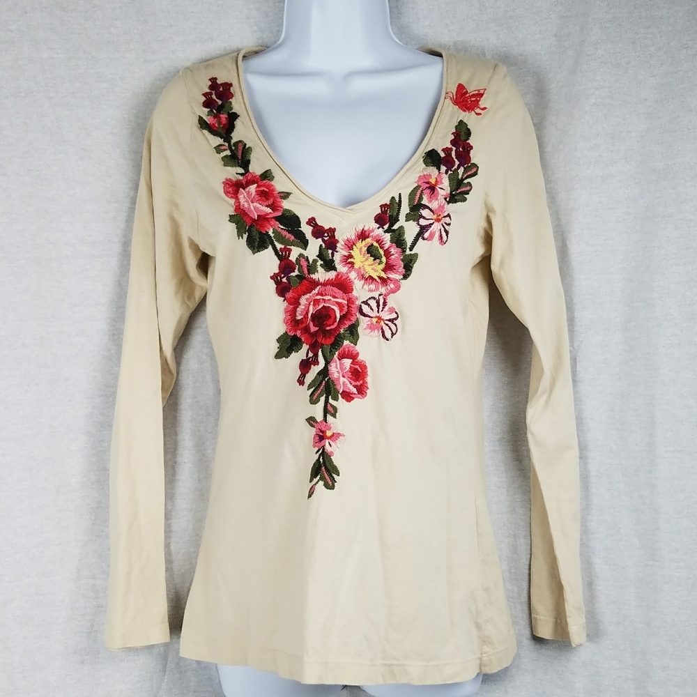 Johnny Was LA Cream Long Sleeve Embroidered Roses